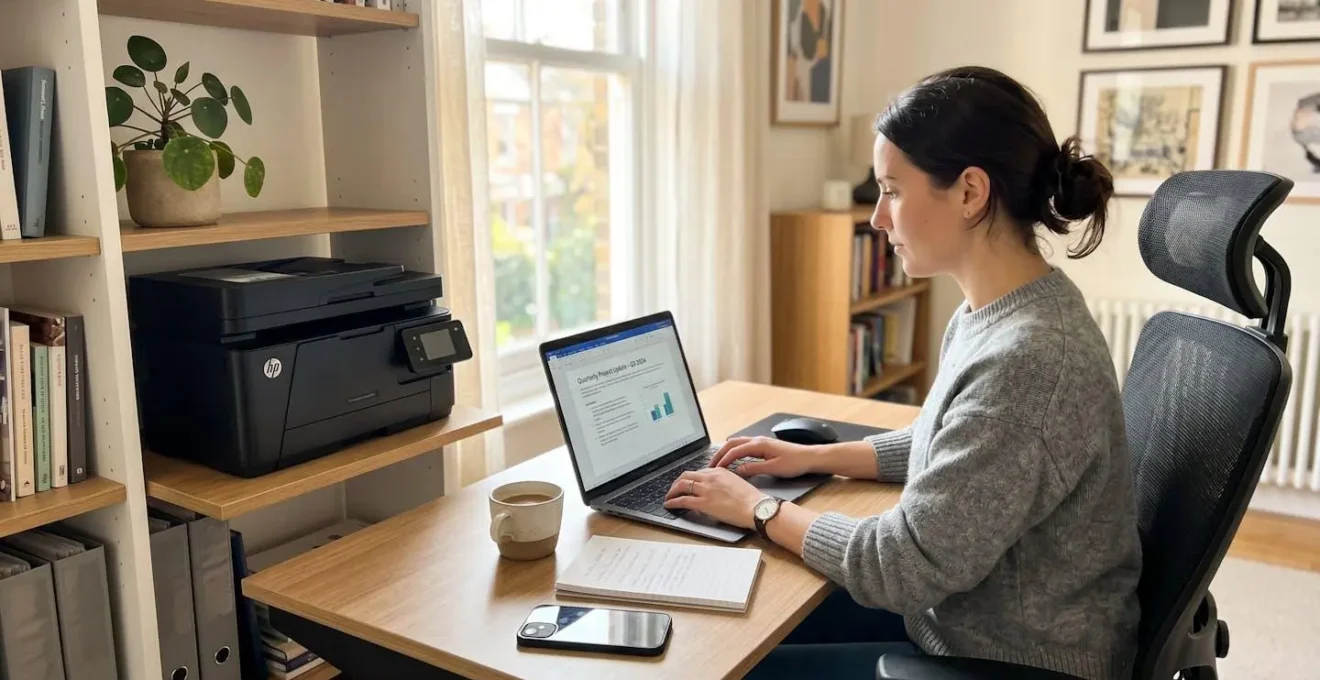 Bureau à domicile moderne et lumineux aménagé pour le télétravail avec un espace de travail épuré, un bureau contemporain et un siège ergonomique, baigné de lumière naturelle