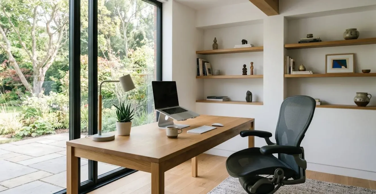 Bureau à domicile moderne et lumineux aménagé pour le télétravail avec un espace de travail épuré, un bureau contemporain et un siège ergonomique, baigné de lumière naturelle