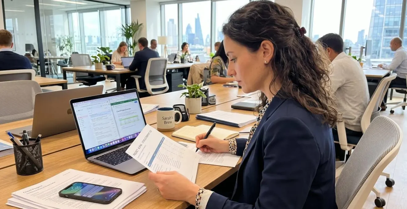 Une femme professionnelle vue de dos manipule des documents papier devant son bureau moderne équipé d'un ordinateur portable dans un espace de travail lumineux