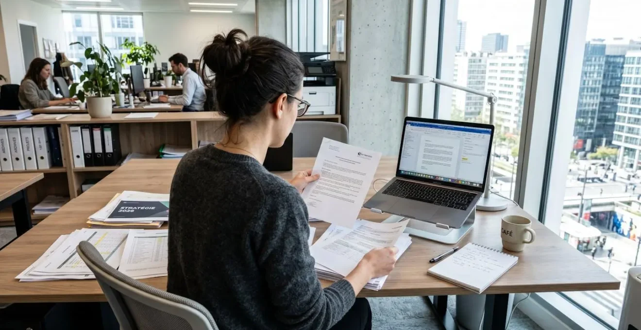 Une femme professionnelle vue de dos manipule des documents papier devant son bureau moderne équipé d'un ordinateur portable dans un espace de travail lumineux