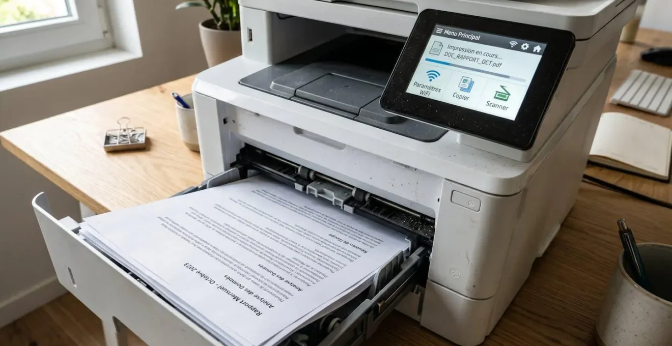 Gros plan sur une imprimante multifonction laser moderne en cours d'impression avec documents sortant du bac papier et panneau de contrôle Wifi visible
