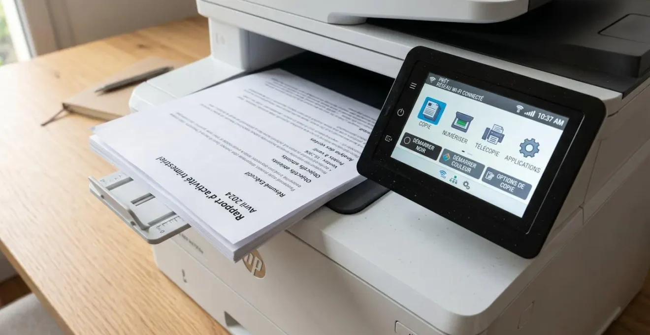 Gros plan sur une imprimante multifonction laser moderne en cours d'impression avec documents sortant du bac papier et panneau de contrôle Wifi visible